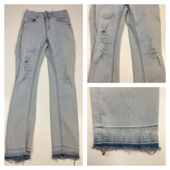 BEBE Light Wash Distressed Raw Edge Hem Logo Hardware Slim Fit Skinny Jeans - Picture 1 of 16